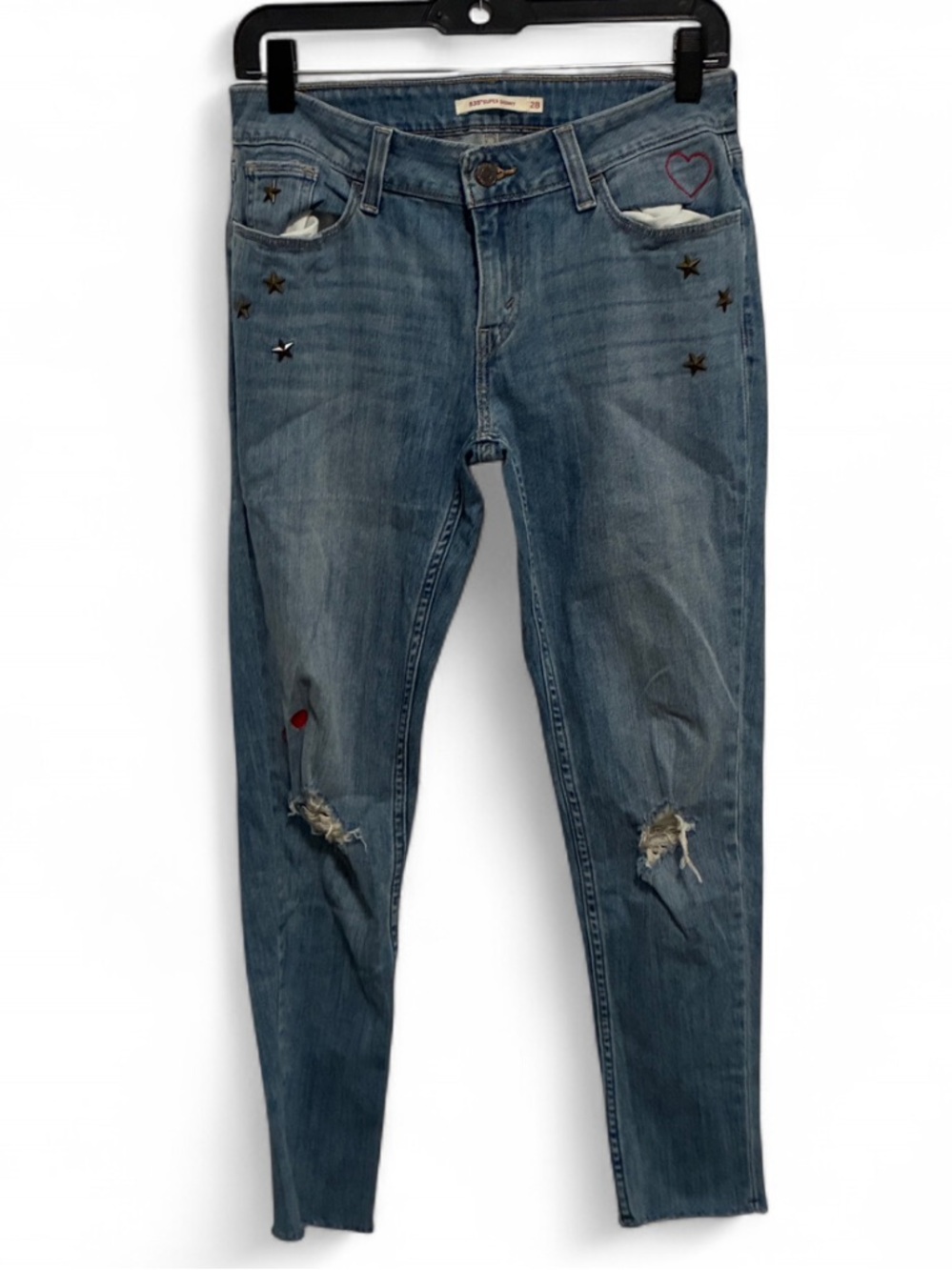 Levi’s 535 Super Skinny Blue Distressed Jeans with Heart Star Embellishments